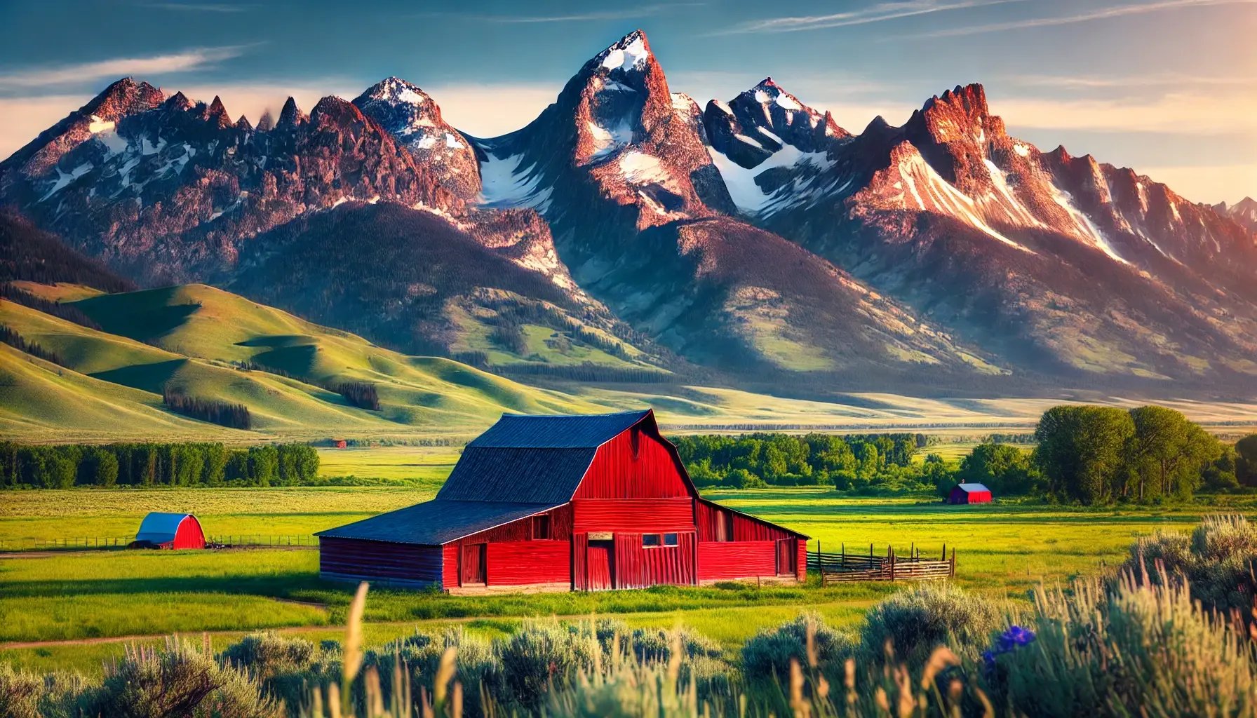 DALL·E 2024-06-23 16.28.15 - A picturesque scene of a red barn with the Bridger Mountains in the background in Bozeman, Montana. The barn is surrounded by lush green meadows, with